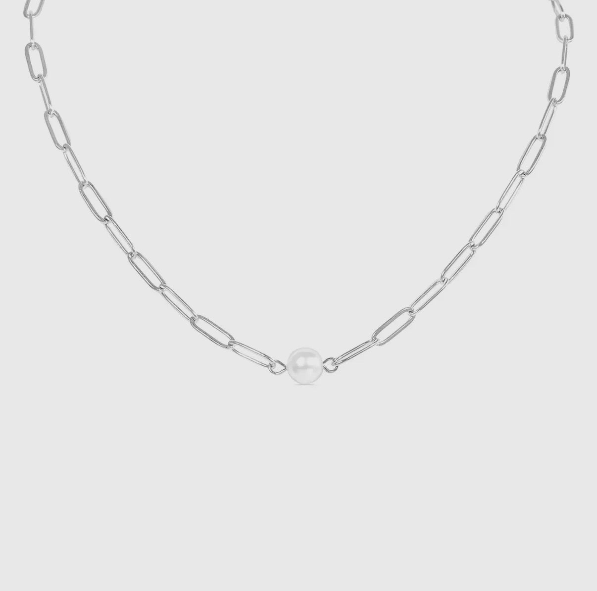 Silver Paperclip Necklace With Pearl