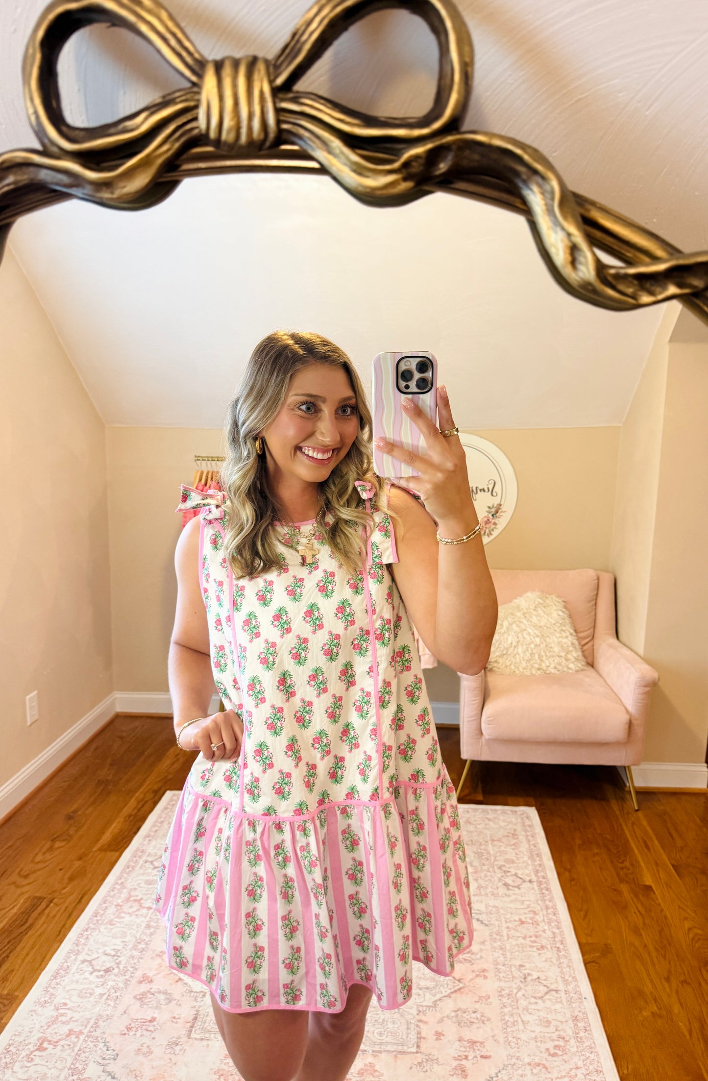 Pink Whimsy Floral Tie Shoulder Dress