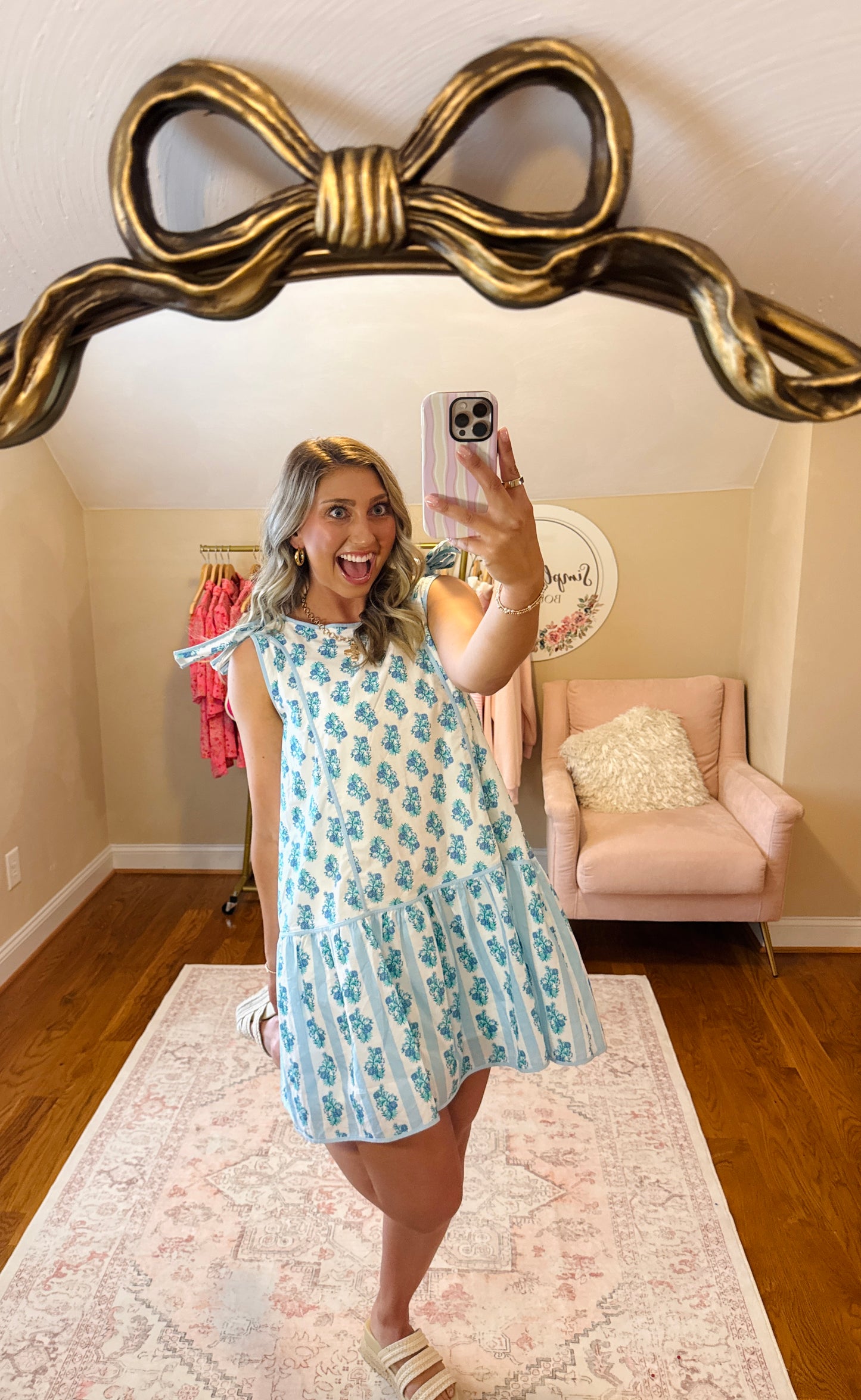Blue Whimsy Floral Tie Shoulder Dress