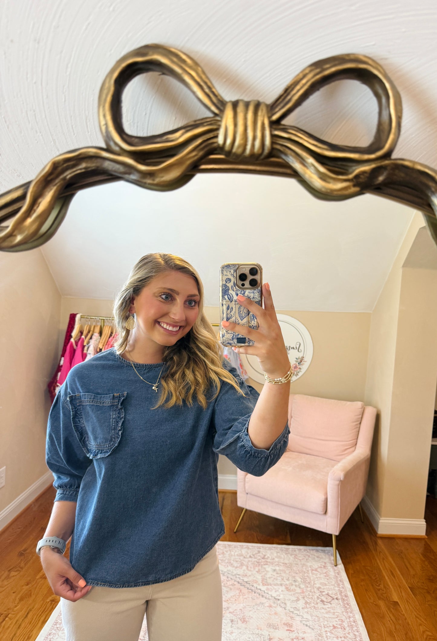 Denim Ruffle Pocket 3/4 Sleeve Top