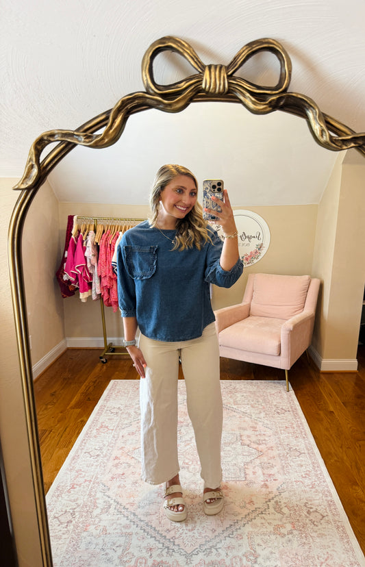 Denim Ruffle Pocket 3/4 Sleeve Top