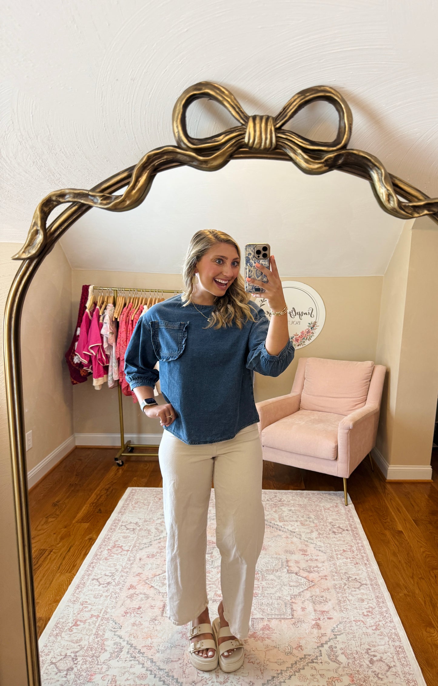 Denim Ruffle Pocket 3/4 Sleeve Top