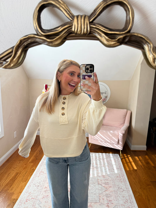Ribbed Lantern Sleeve Button Shirt