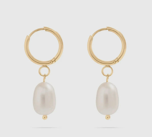 18k Gold Pvd Freshwater Pearl Huggie Earrings