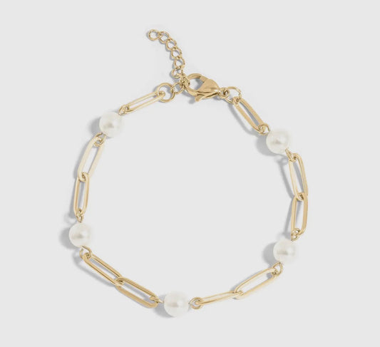18k Gold Pvd Pearl Paperclip Chain Bracelet