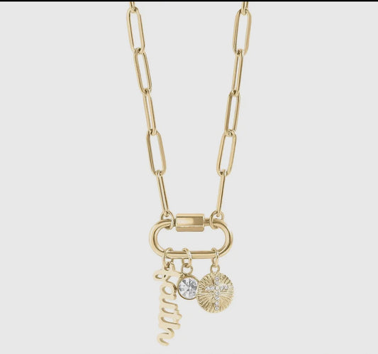 18k Pvd Gold Carabiner "Faith" Paperclip Charm Necklace