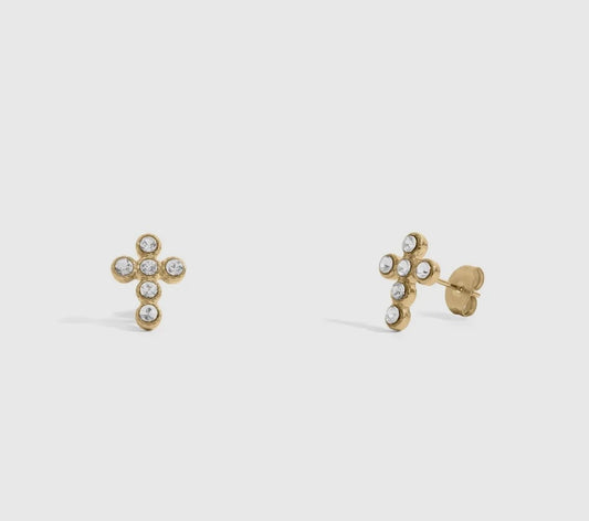 18k Gold Pvd Round Stone Cross Earrings