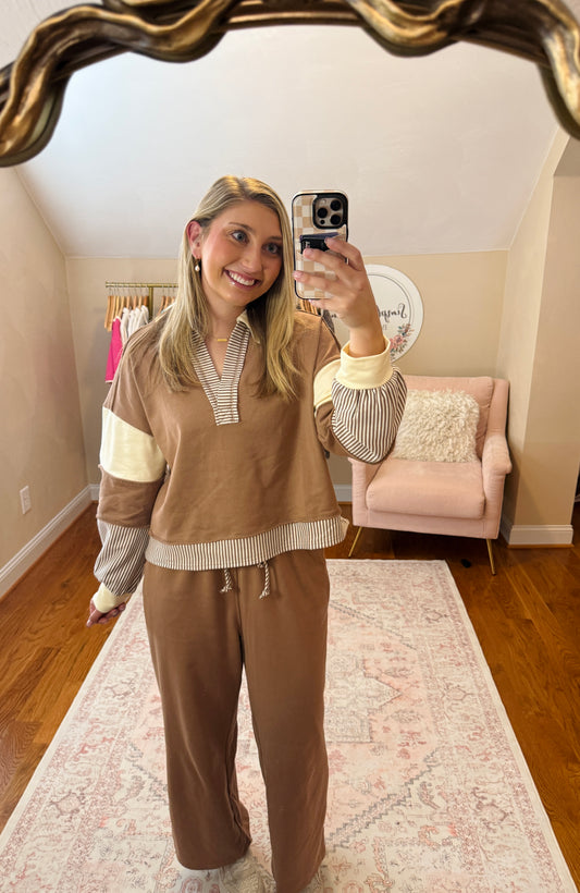 Cozy Brown Striped Top and Pants Set